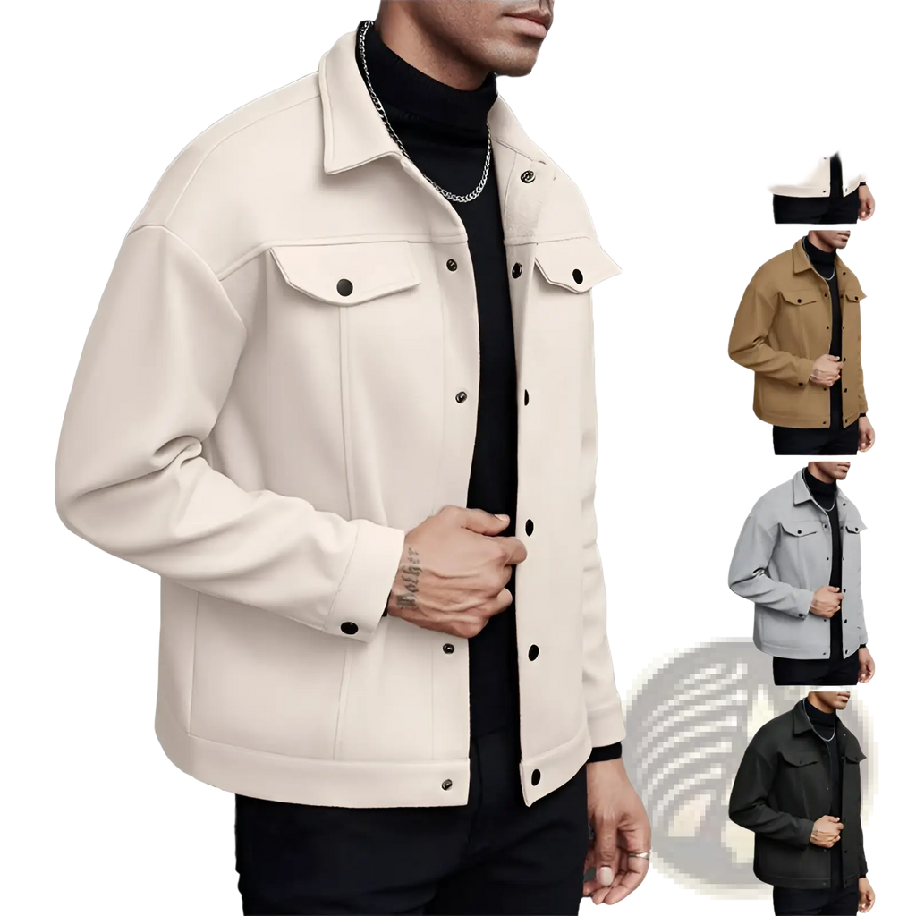 Men’s classic slim fit wool blend lapel jacket in cream with textured denim, black buttons, and flap pockets