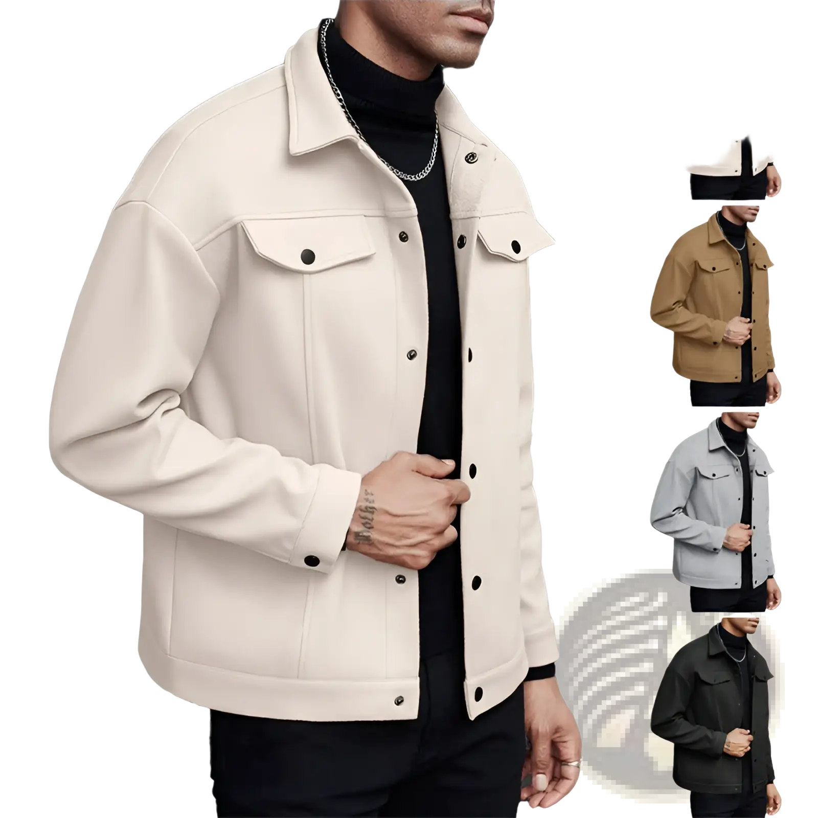 Men’s classic slim fit wool blend lapel jacket in cream with textured denim, black buttons, and flap pockets