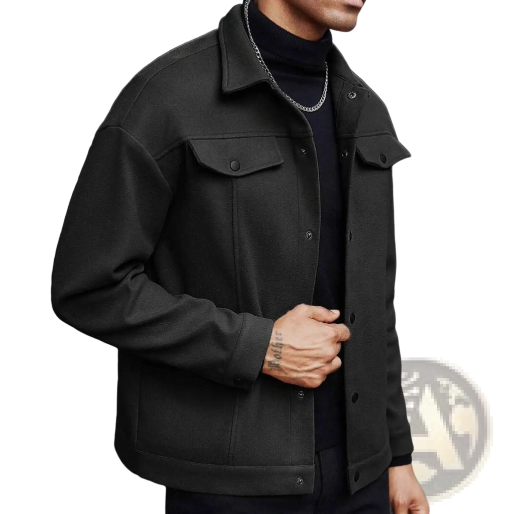 Men’s classic slim fit wool blend lapel jacket in black textured denim with flap pockets and button closures