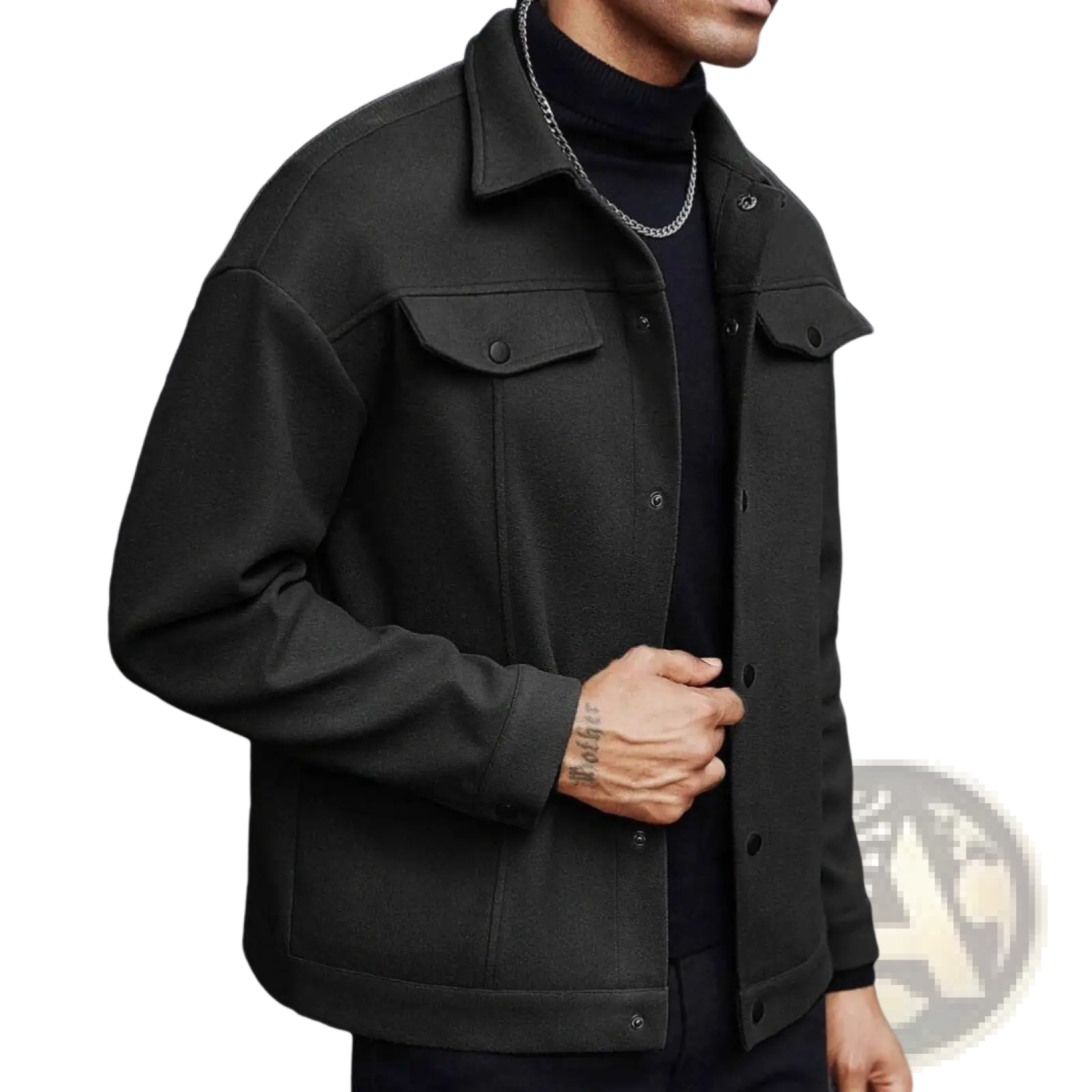 Men’s classic slim fit wool blend lapel jacket in black textured denim with flap pockets and button closures
