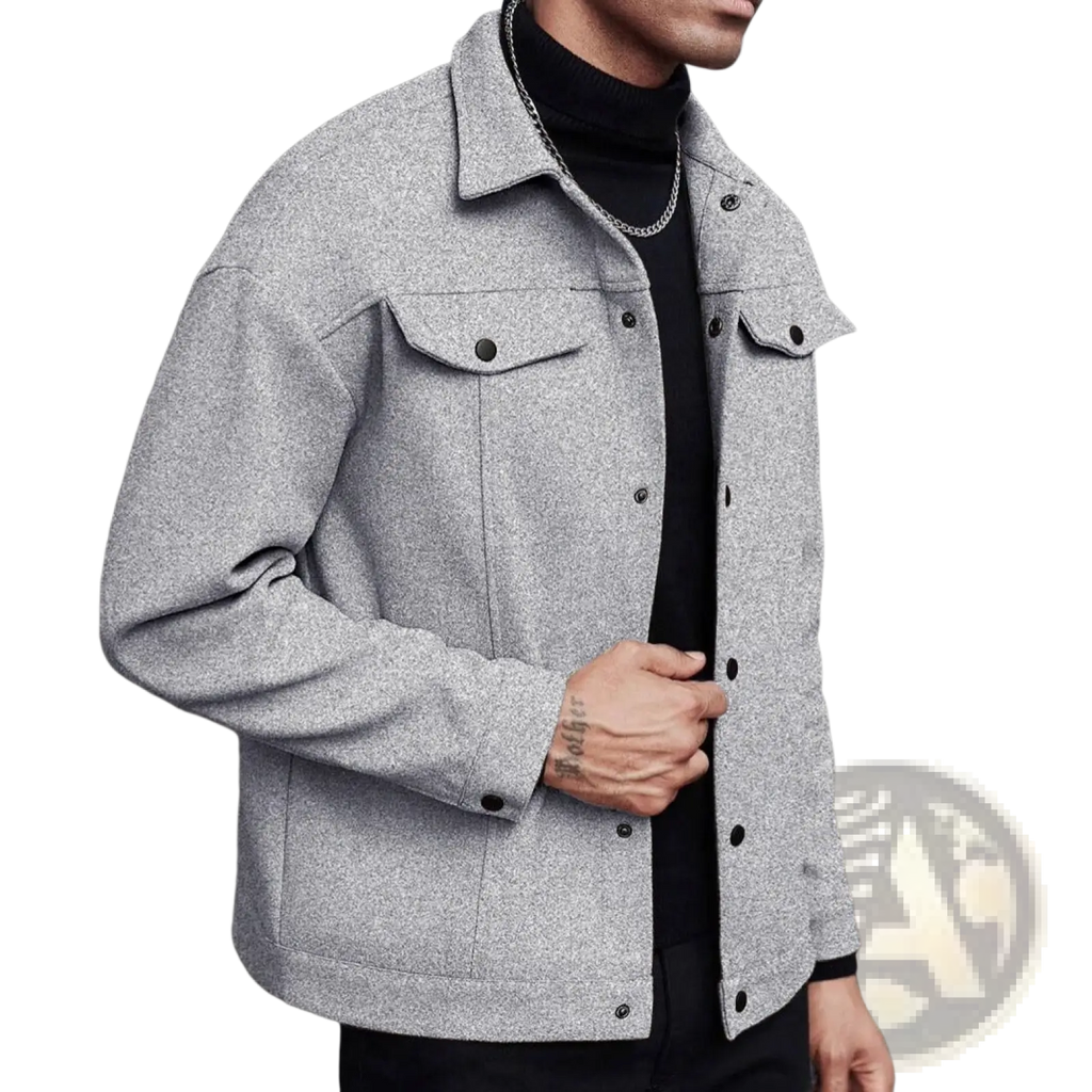 Men’s classic slim fit wool blend lapel jacket in gray with black button closures and flap pockets
