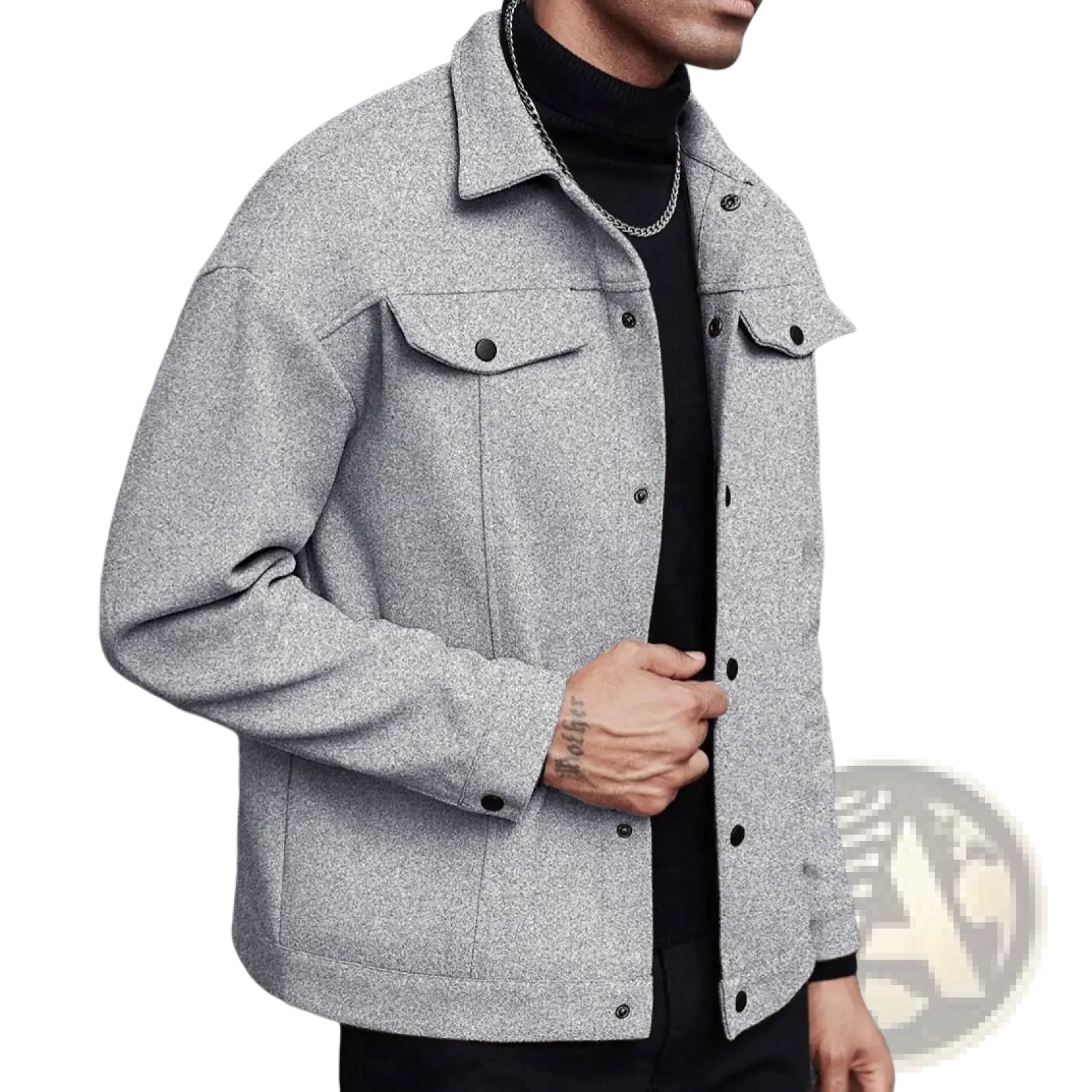 Men’s classic slim fit wool blend lapel jacket in gray with black button closures and flap pockets