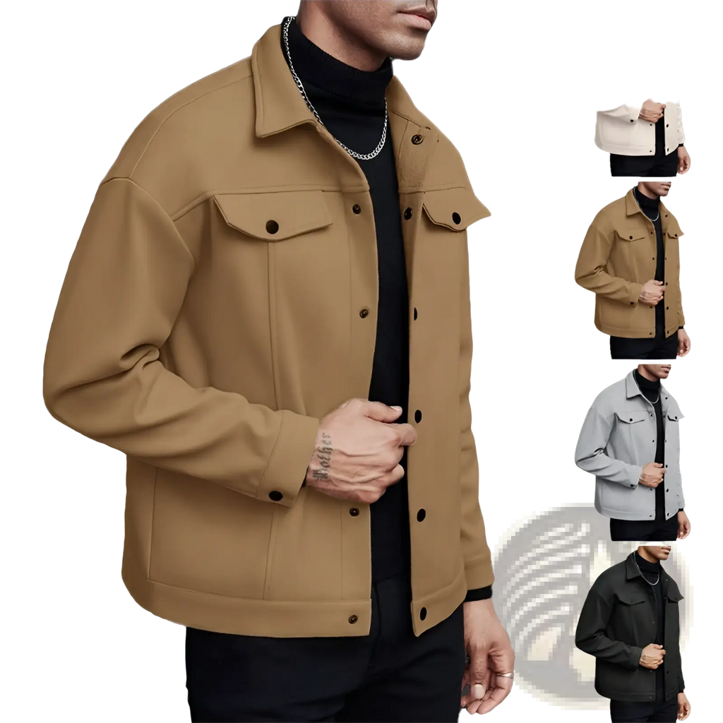 Men’s classic slim fit wool blend lapel jacket in tan wool with black buttons and flap pockets