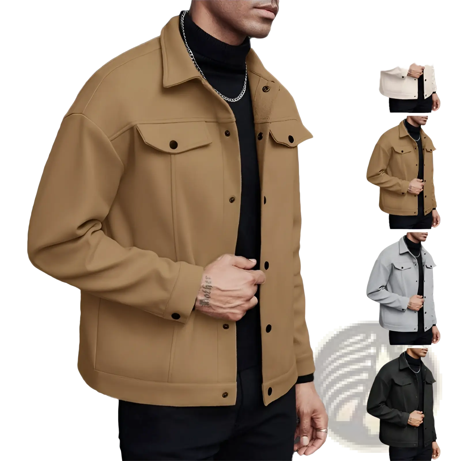 Men’s classic slim fit wool blend lapel jacket in tan wool with black buttons and flap pockets