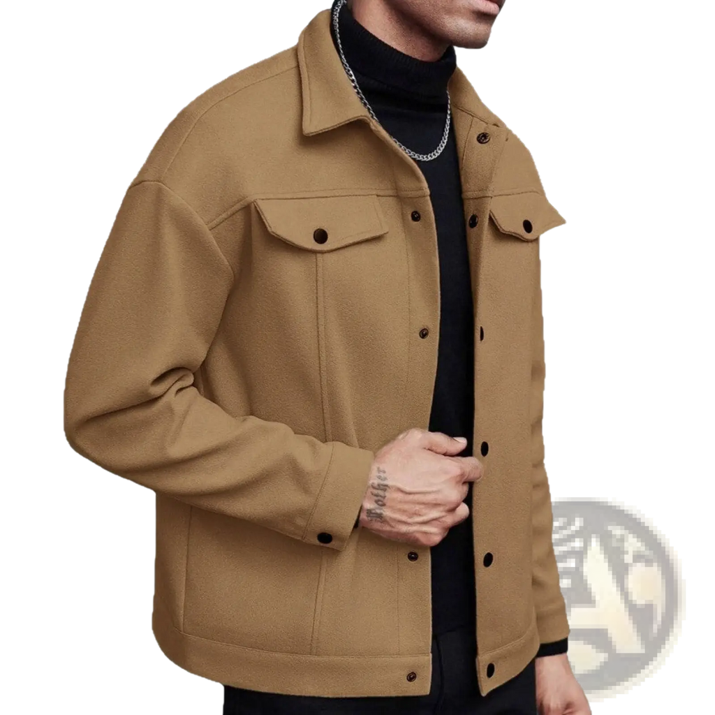 Men’s classic slim fit tan wool blend jacket with classic collar and buttoned flap pockets