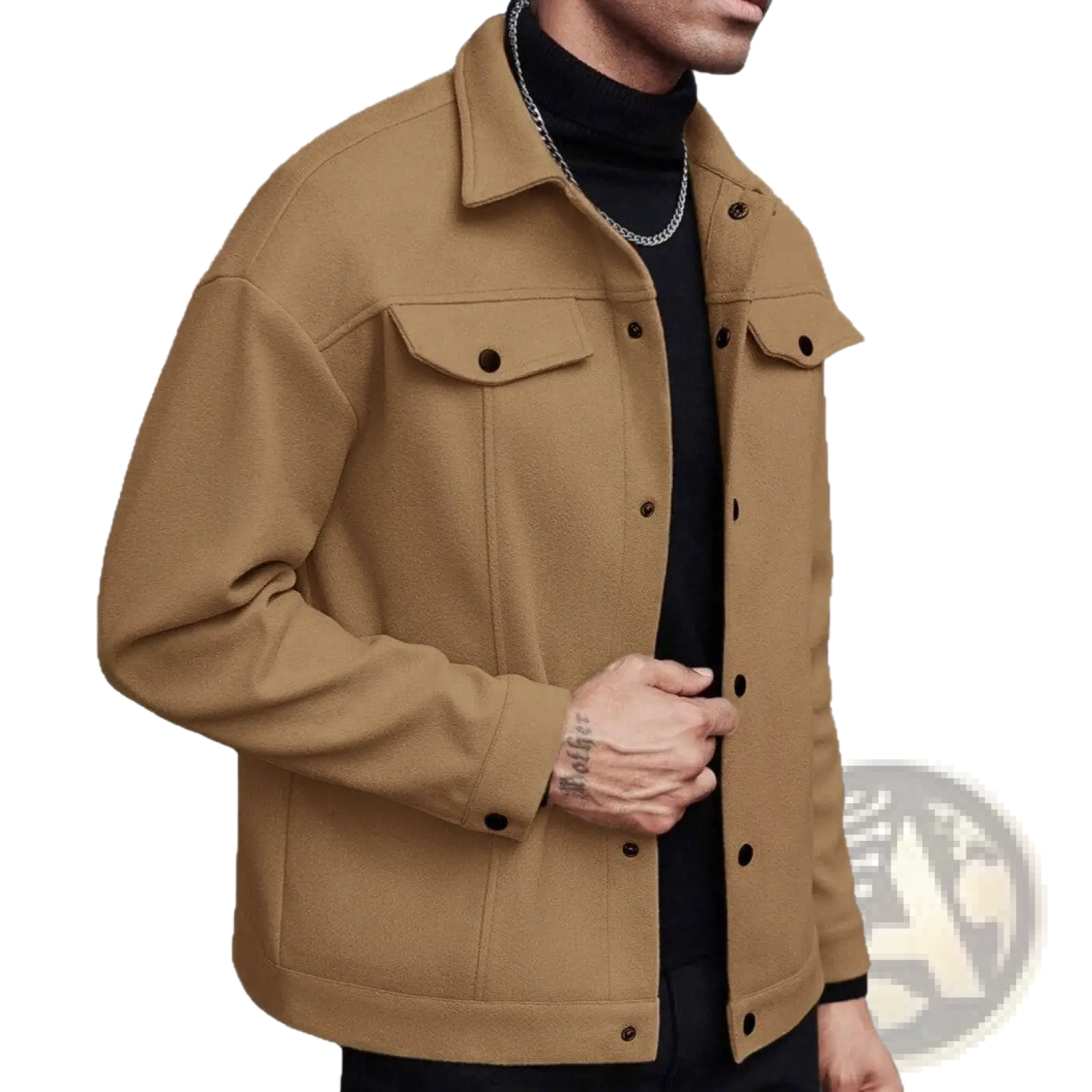 Men’s classic slim fit tan wool blend jacket with classic collar and buttoned flap pockets