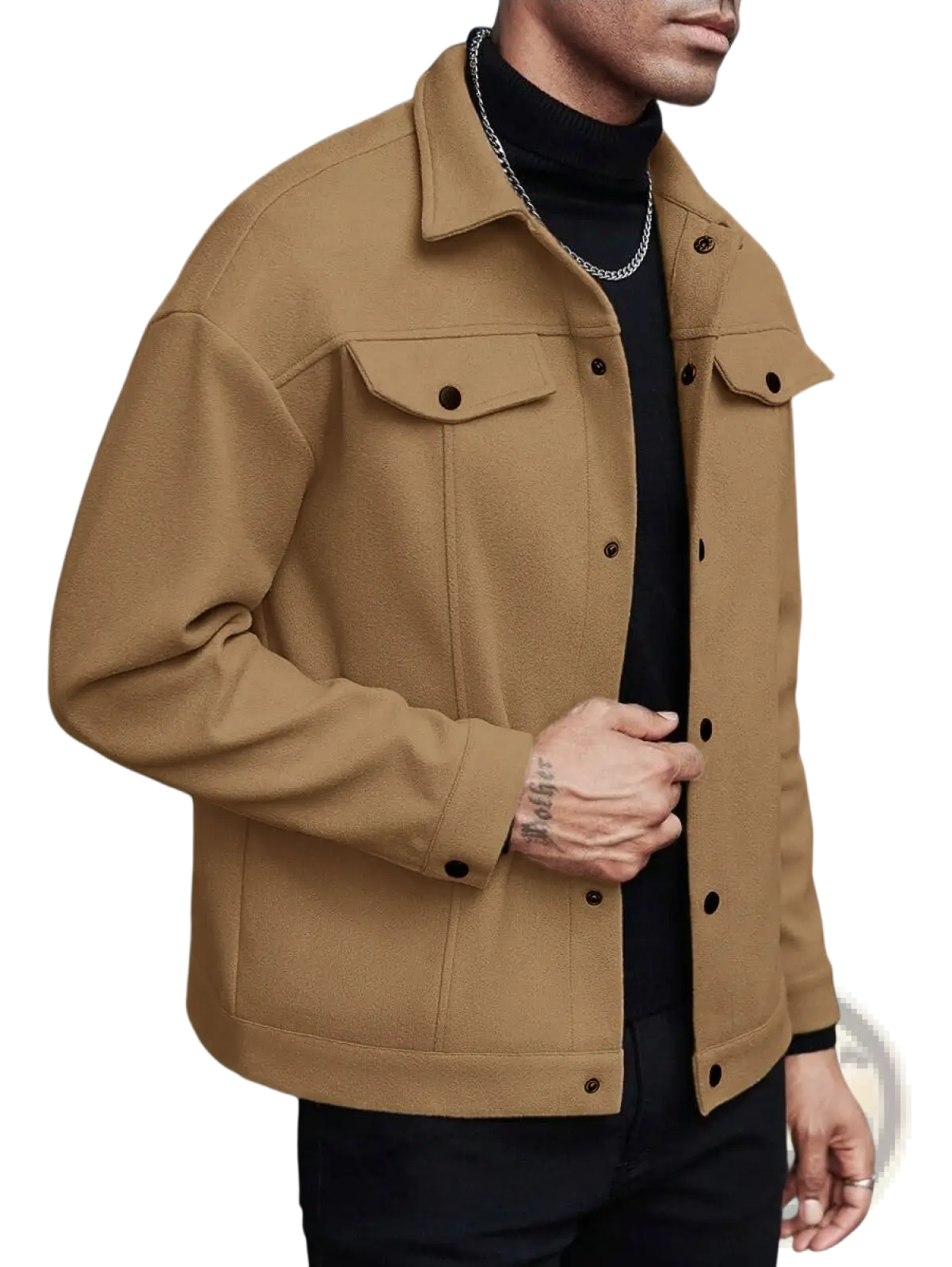 Men’s classic slim fit wool blend lapel jacket in tan with black button closures and flap pockets
