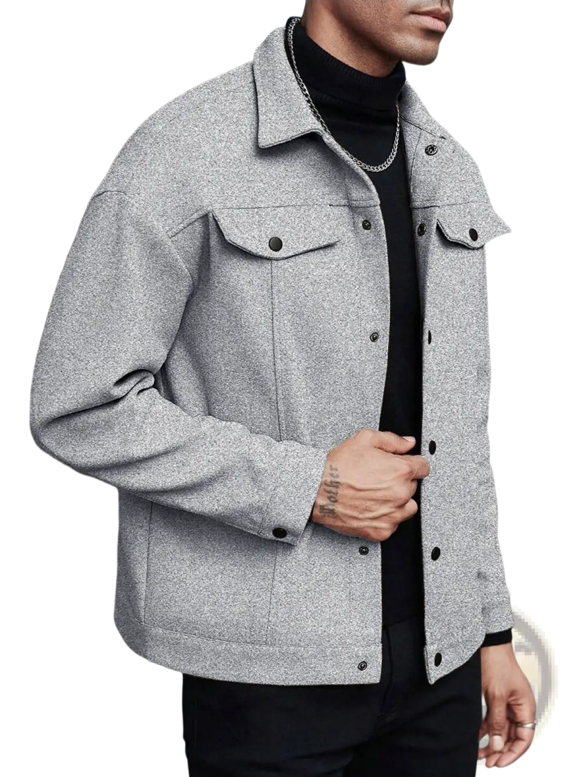 Men’s classic slim fit wool blend lapel jacket in gray with black button closures and flap pockets
