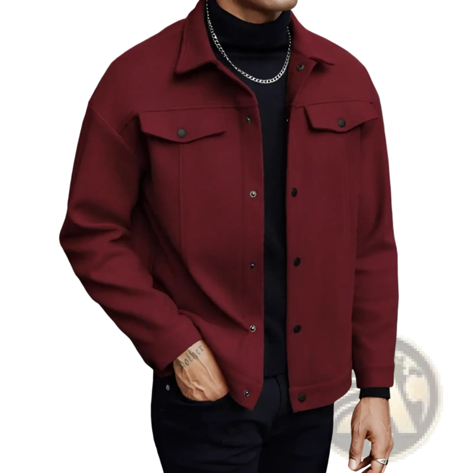 Men’s classic slim fit wool blend maroon jacket with lapel collar and buttoned chest pockets in woolen fabric