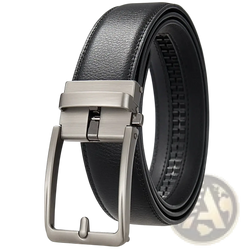 Black leather mens click belt with a sleek brushed silver-toned automatic buckle and leather waistband