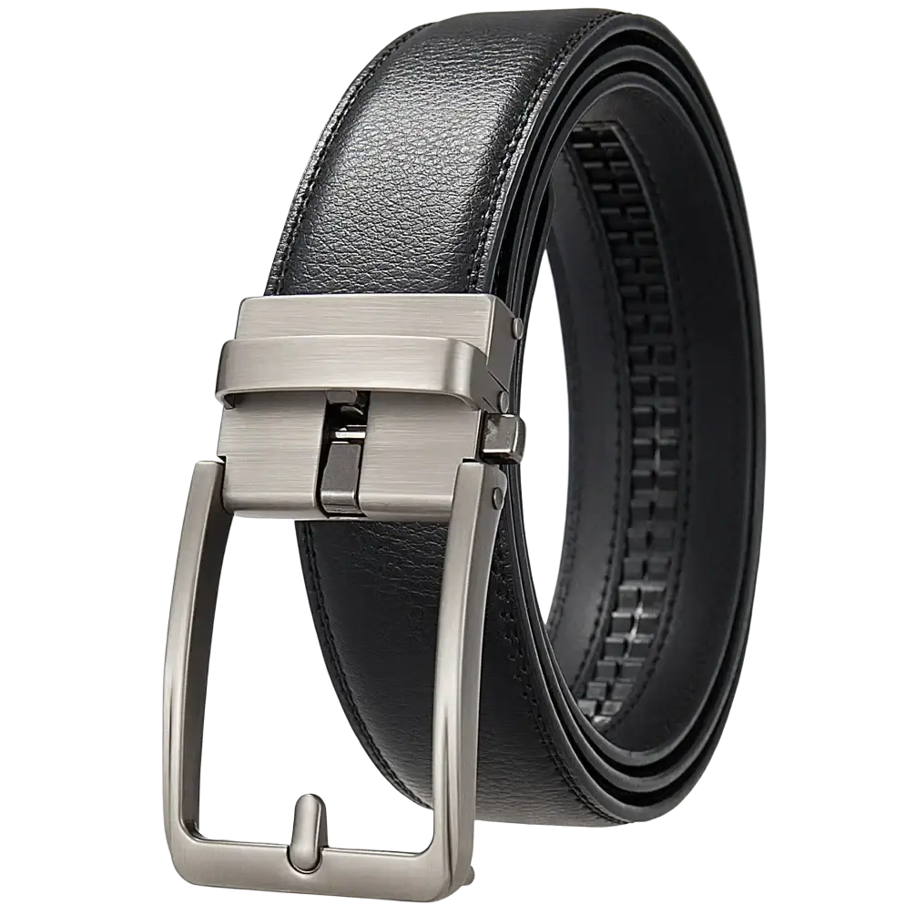 Black leather mens click belt with a sleek brushed silver-toned automatic buckle and leather waistband