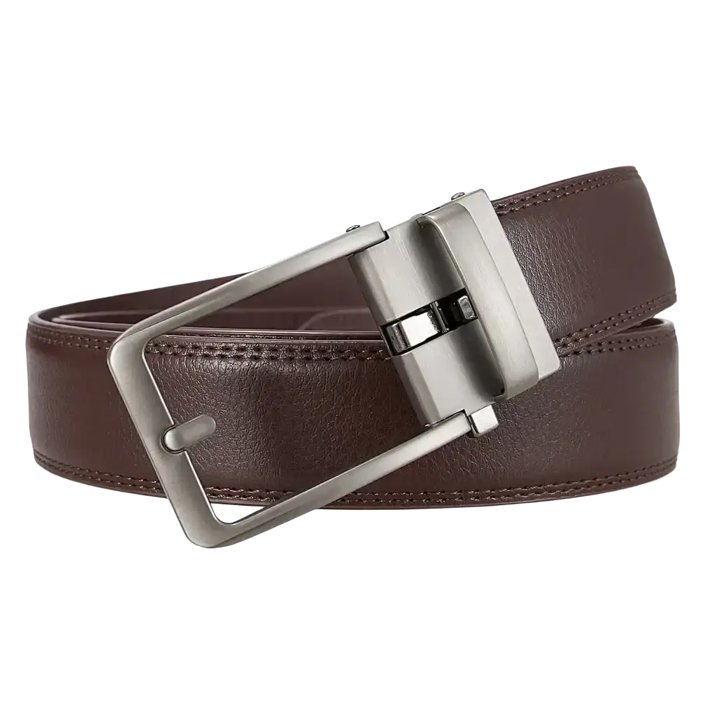 Mens click belt brown leather waistband with sleek silver-toned automatic buckle for easy adjustment