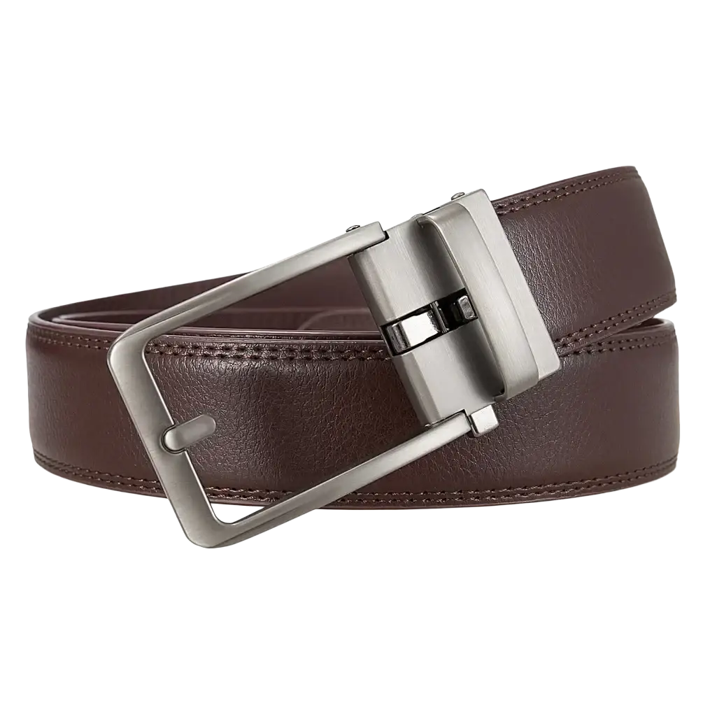 Mens click belt brown leather waistband with a silver toned automatic buckle for easy adjustment