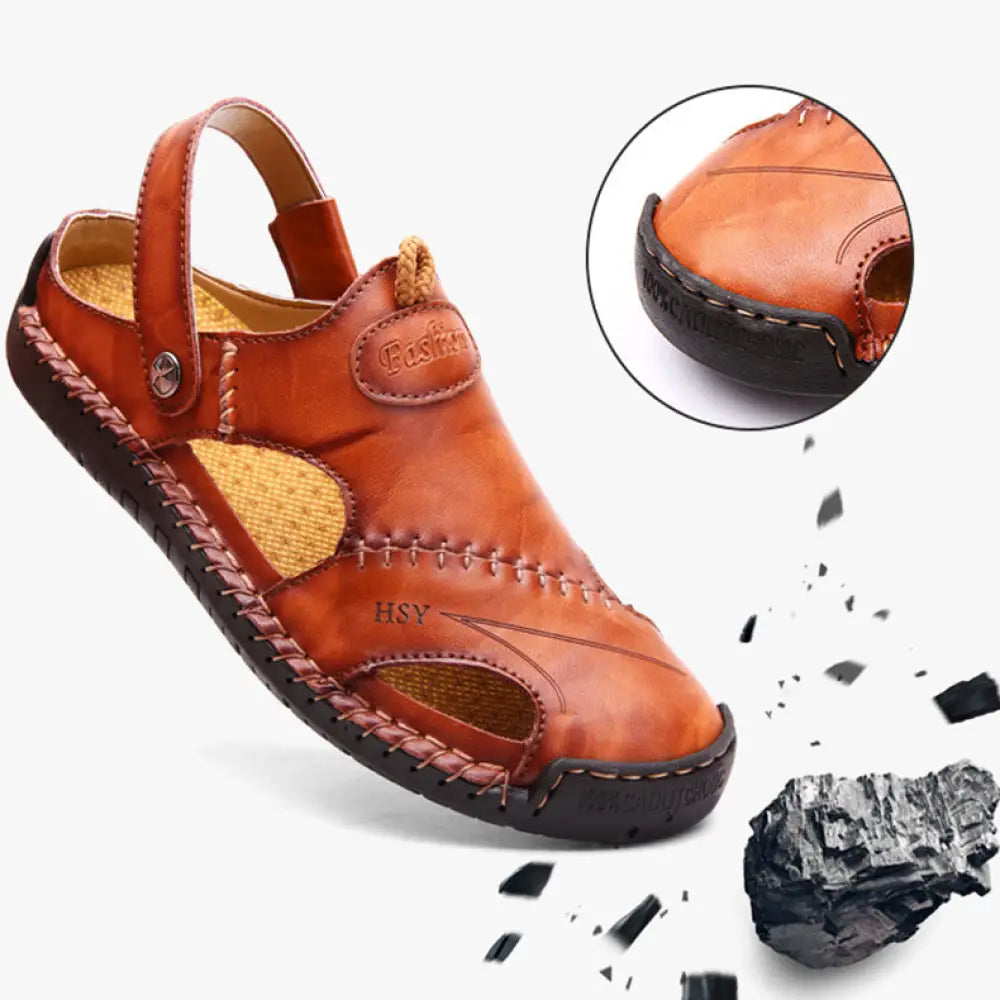 Men’s brown woven leather closed toe beach sandals with a black rubber sole and durable woven strap design