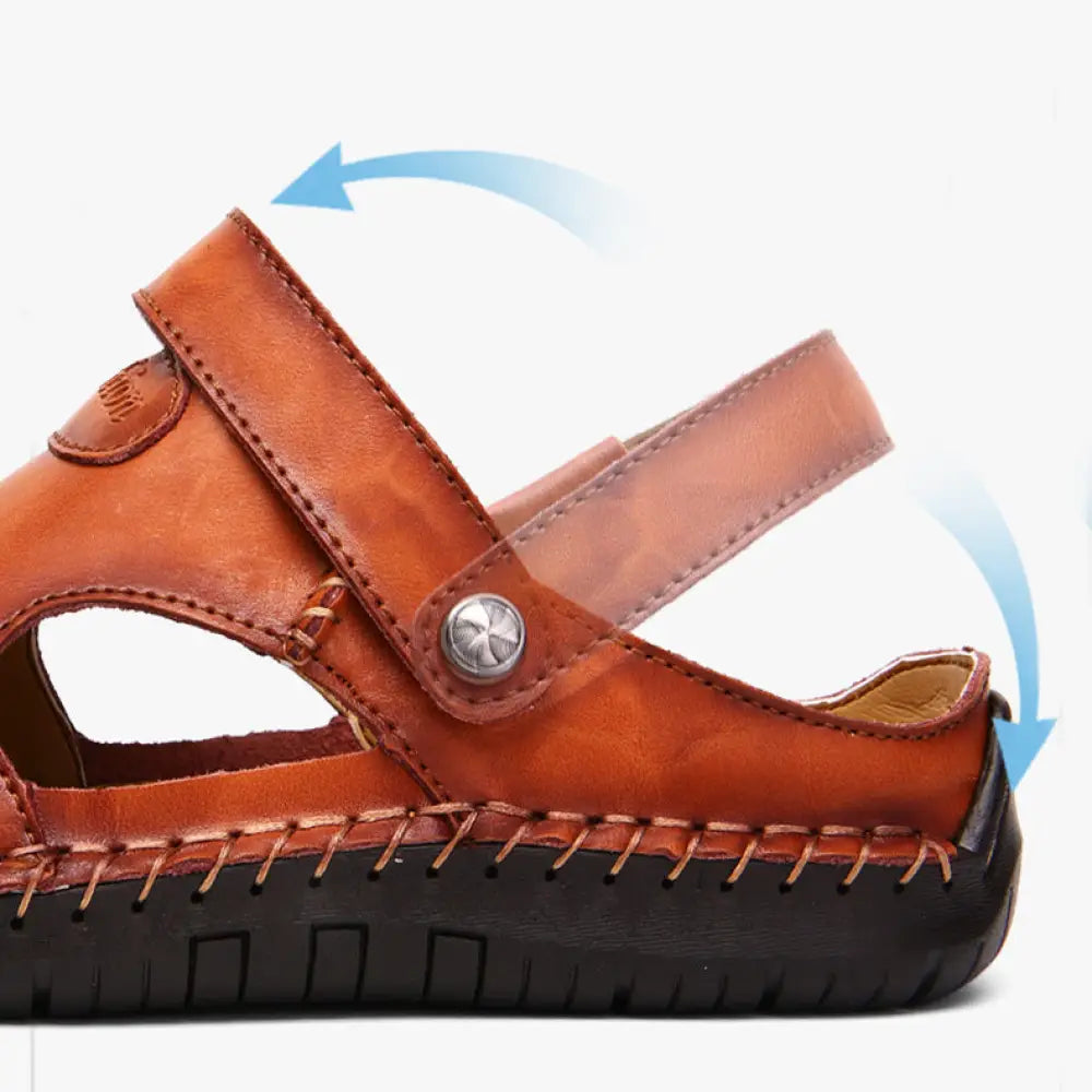 Men’s brown woven leather closed toe beach sandals with black rubber sole and silver-toned button closure