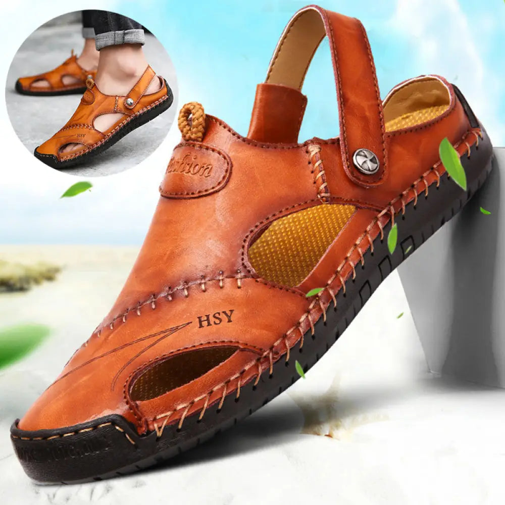 Men’s brown woven leather closed toe beach sandals with a black rubber sole and detailed woven strap design