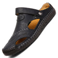Men’s brown woven leather closed toe beach sandals with black leather strap and visible stitching along edges