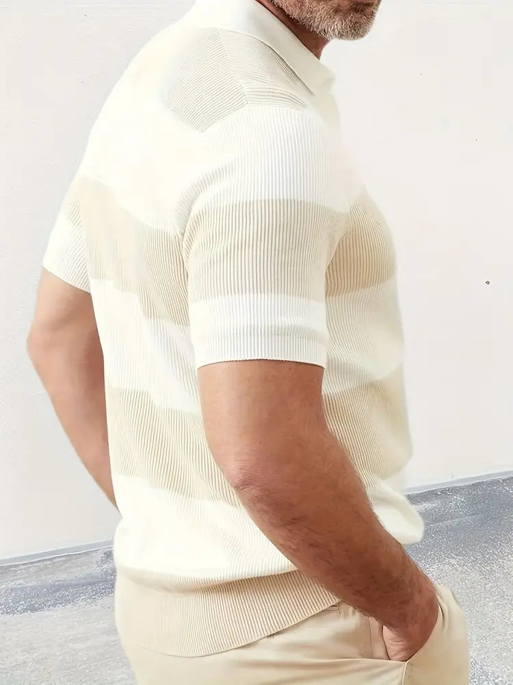 Men’s cream-colored striped ribbed knit short sleeve polo sweater in soft knit fabric with horizontal stripes