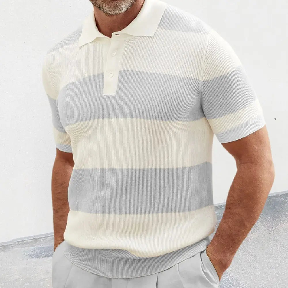 Men’s striped ribbed knit short sleeve polo sweater in cream and light gray with horizontal stripes and ribbed texture