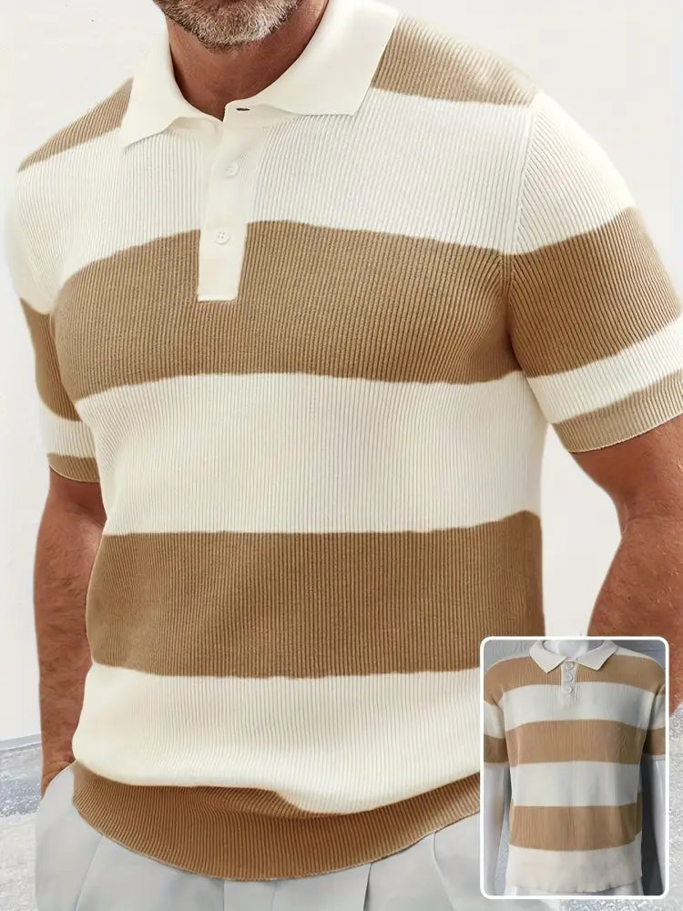 Men’s striped ribbed knit short sleeve polo sweater in cream and tan with horizontal stripes and ribbed texture