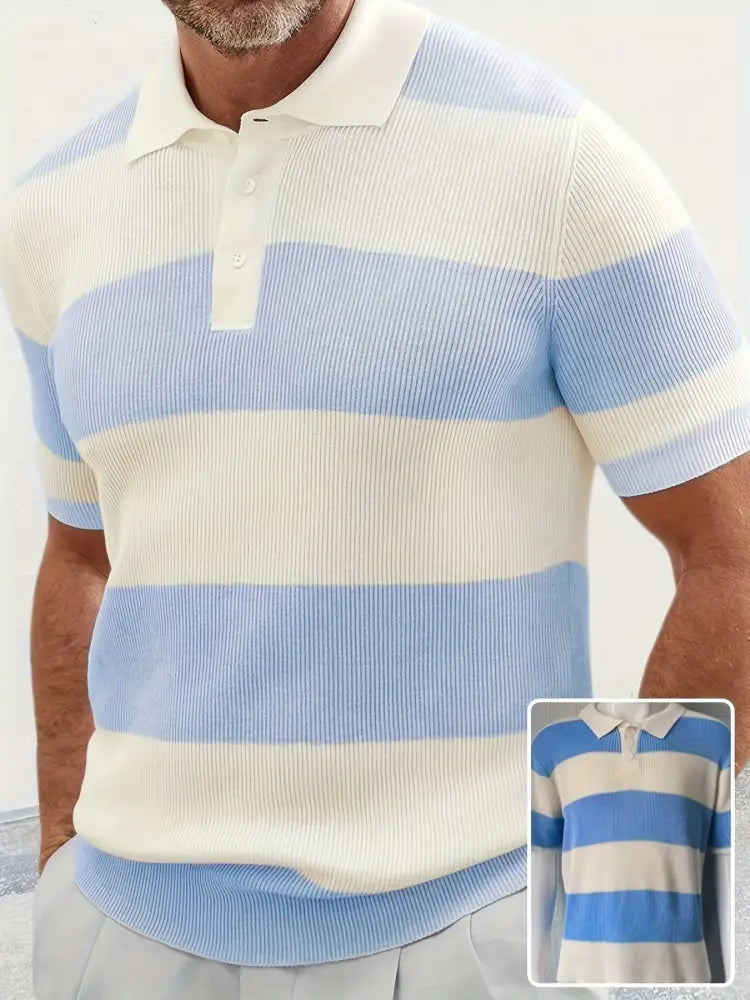 Men’s striped ribbed knit short sleeve polo sweater in light blue and cream with horizontal stripes and ribbed texture