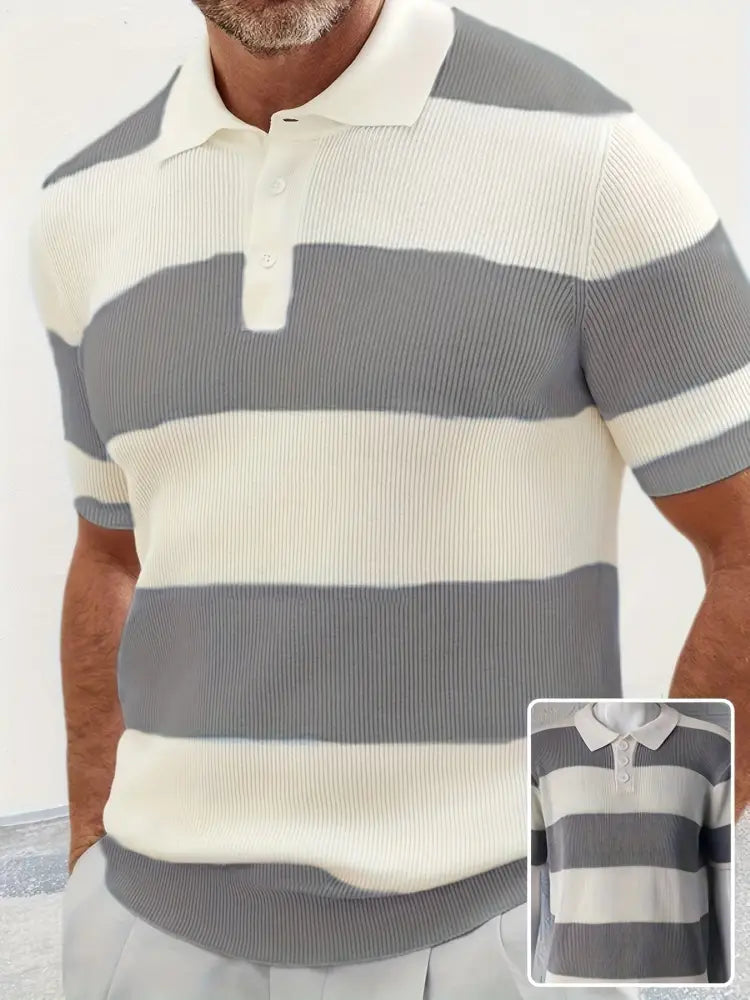 Men’s striped ribbed knit short sleeve polo sweater in cream and gray with horizontal stripes and a textured finish