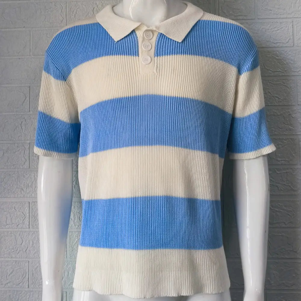 Men’s short sleeve polo sweater with blue and cream striped ribbed knit fabric and a white collar