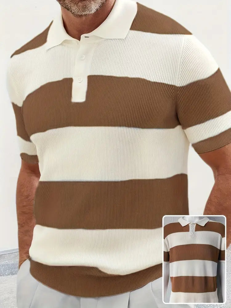Men’s striped ribbed knit short sleeve polo sweater with horizontal brown and cream stripes in a lightweight fabric