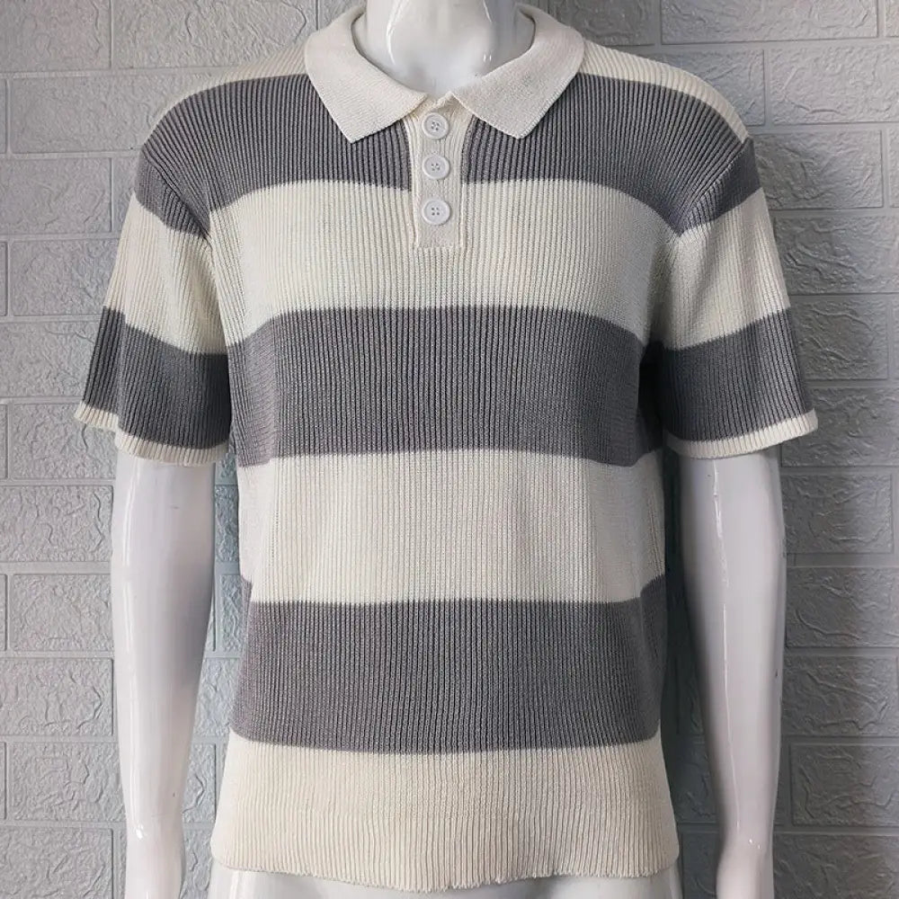 Men’s striped ribbed knit short sleeve polo sweater in gray and off-white with horizontal stripes and three white buttons