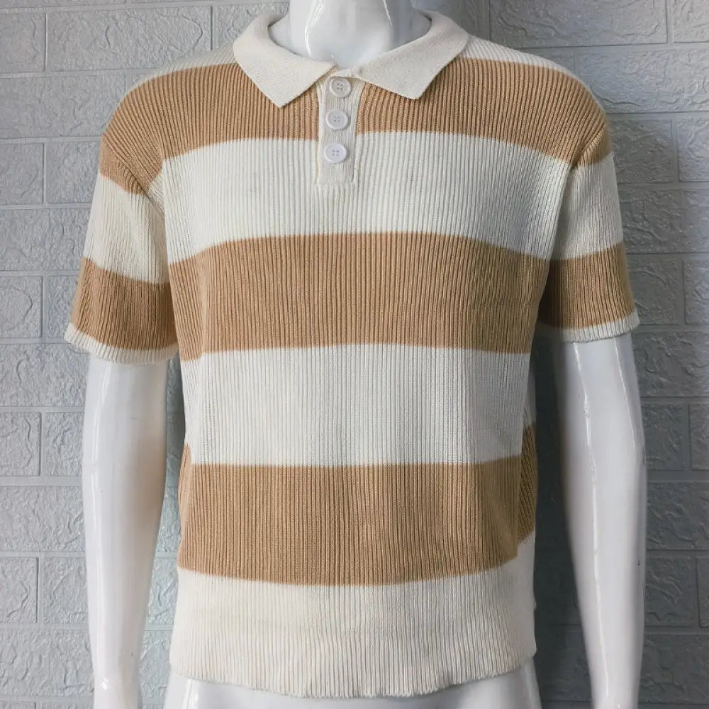 Men’s striped ribbed knit short sleeve polo sweater in cream and tan with a white collar and three-button placket