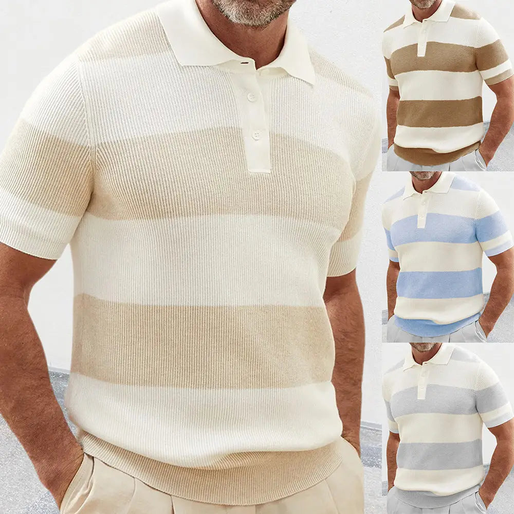 Cream and beige horizontally striped ribbed knit short sleeve polo sweater for men in lightweight knit material