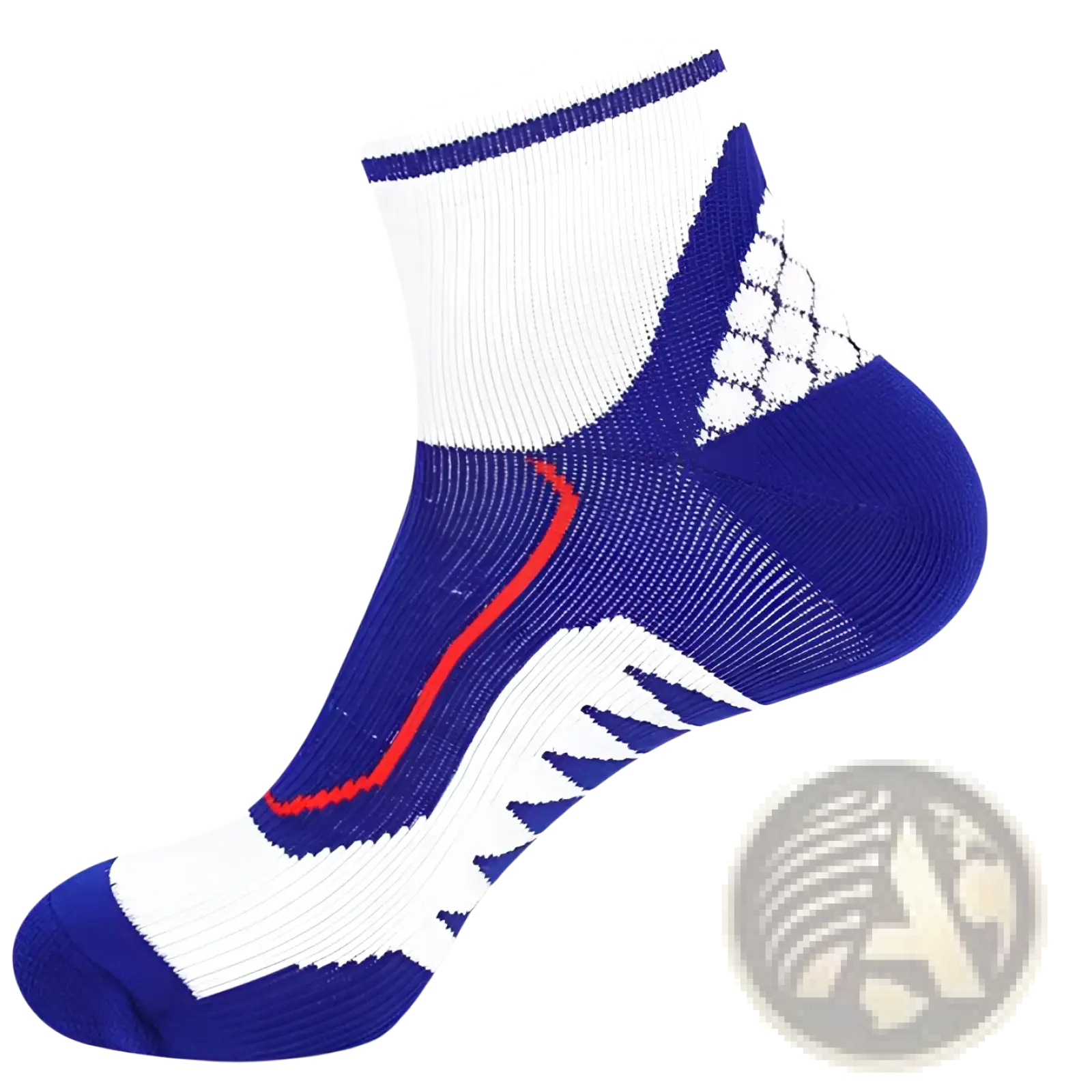 Mens colorblock athletic sock in blue white with red accent stripe cotton mesh heel for sweat absorbing use