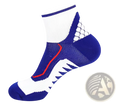 Mens colorblock athletic sock in blue white cotton with red stripe and mesh heel for sweat absorbing performance
