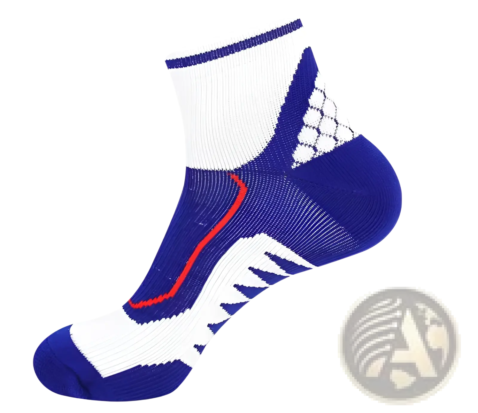 Mens colorblock athletic sock in blue white cotton with red stripe and mesh heel for sweat absorbing performance