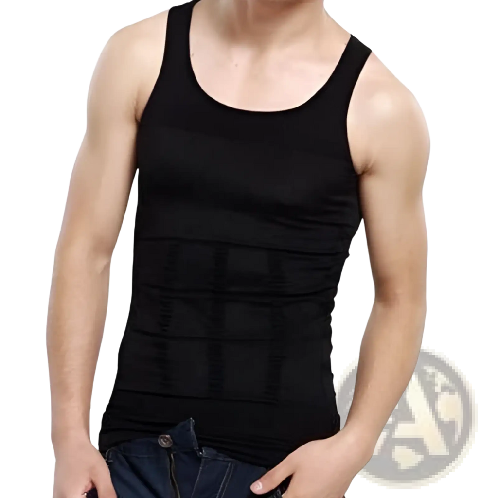 Men’s black sleeveless compression tummy shaper mesh slimming vest with horizontal ribbed panels across the torso