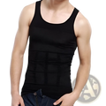 Men’s black sleeveless compression tummy shaper mesh slimming vest with horizontal ribbed panels across the torso