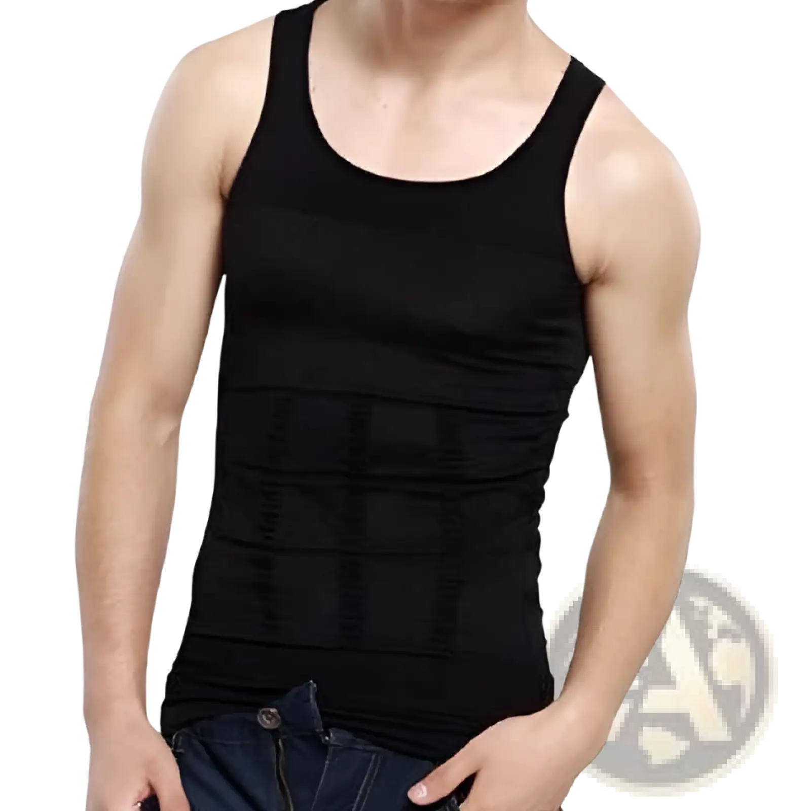 Men’s black sleeveless compression tummy shaper mesh slimming vest with horizontal ribbed panels across the torso