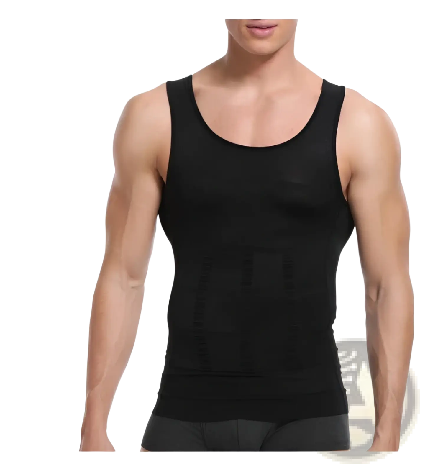 Black sleeveless compression tummy shaper vest with scoop neckline and ribbed mesh fabric for men