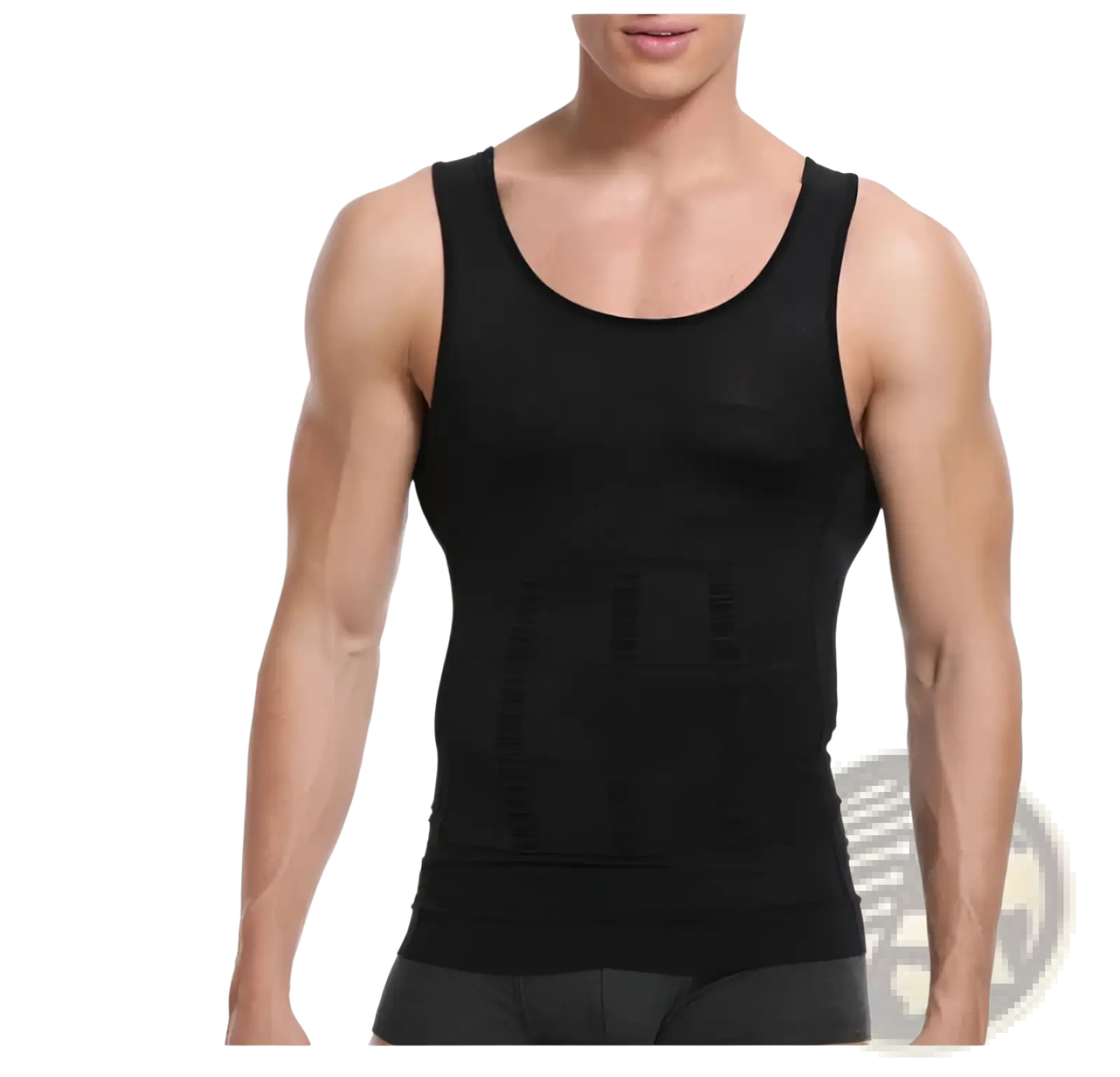 Black sleeveless compression tank top with ribbed texture designed as a men’s tummy shaper slimming vest