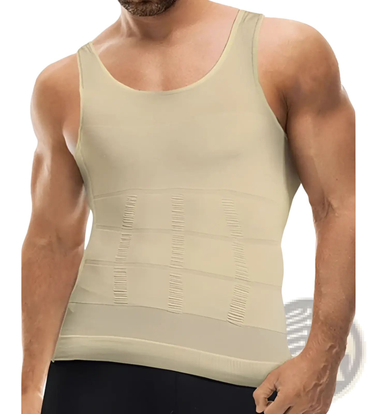 Men’s beige compression tummy shaper mesh slimming vest with ribbed horizontal bands for effective shaping
