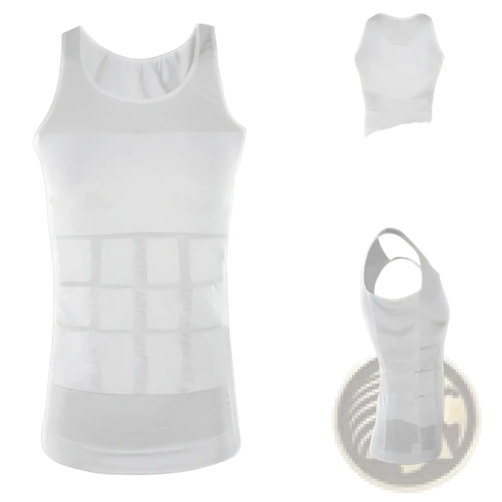 Men’s white mesh compression tummy shaper tank top with reinforced grid panels for slimming and support