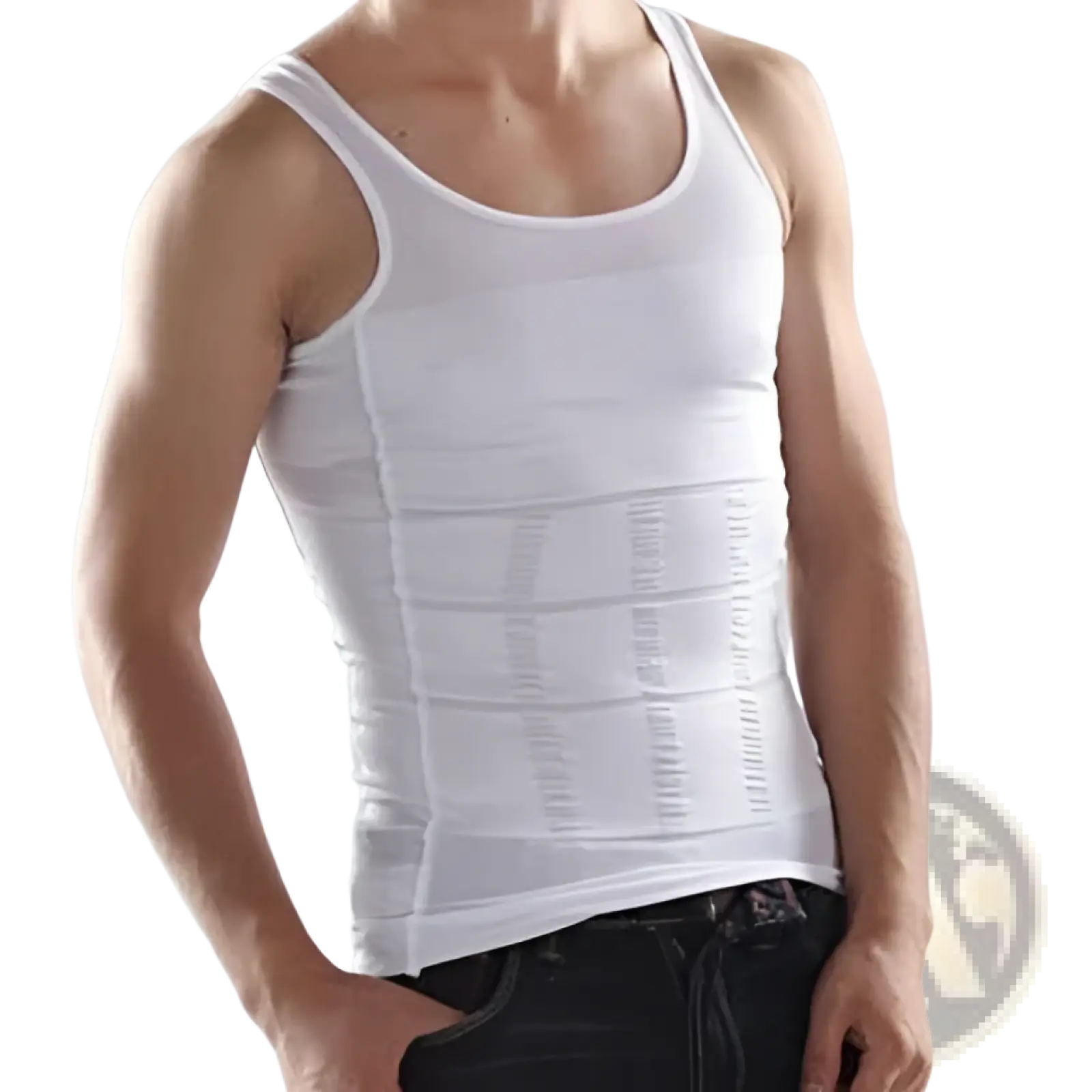 White men’s compression tummy shaper mesh slimming vest with horizontal ribbed panels for shaping and support