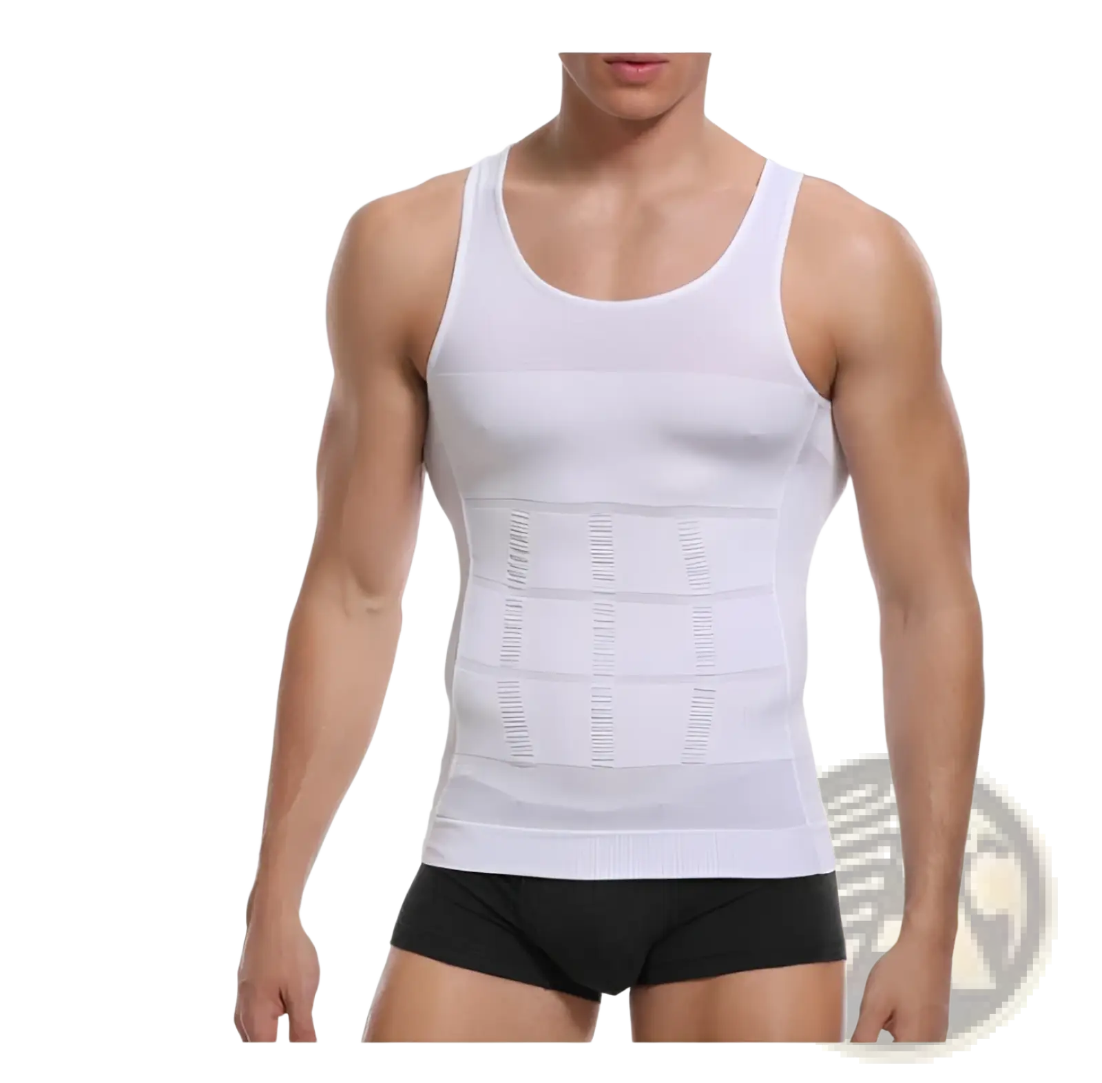 Men’s white compression tummy shaper mesh slimming vest with ribbed texture and horizontal paneling