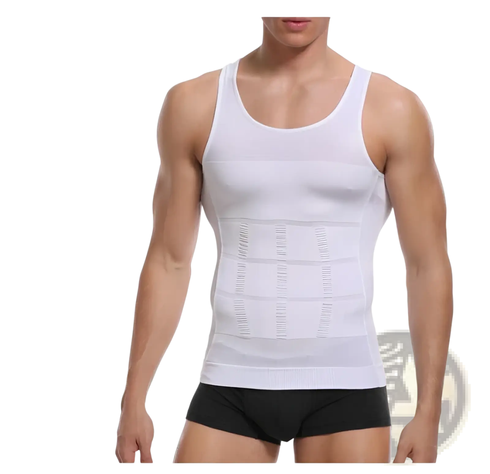 Men’s white compression tummy shaper vest with ribbed texture and horizontal paneling for slimming support