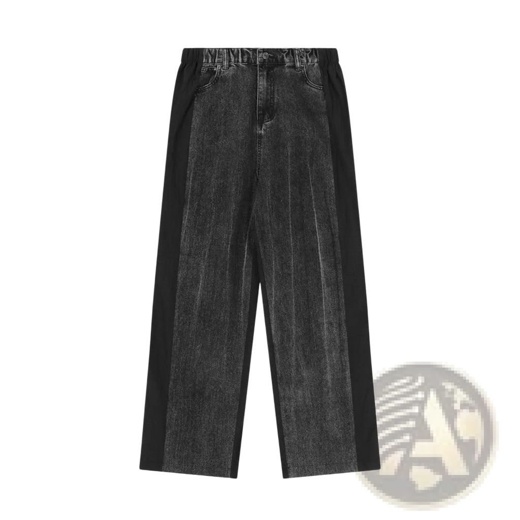 Men’s black and gray denim joggers with elastic waist and contrasting black side panels in elastic denim material