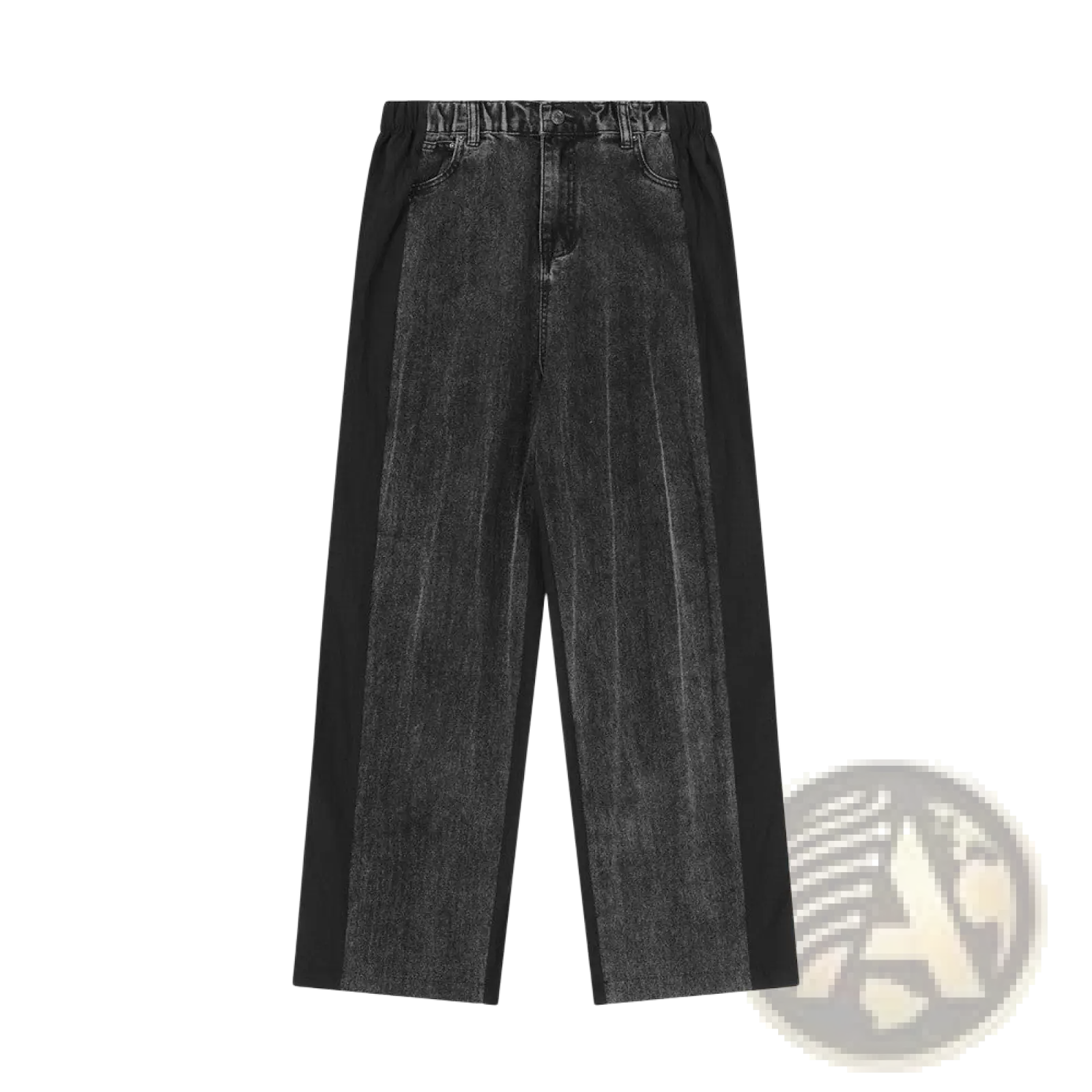 Men’s black and gray denim joggers with elastic waist and contrasting black side panels in elastic denim material