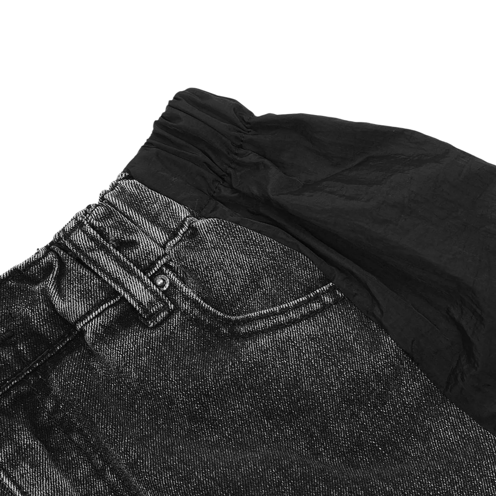 Men’s black high-waisted denim shorts with elastic gathered waistband and classic front pockets in contrast panel jogger style