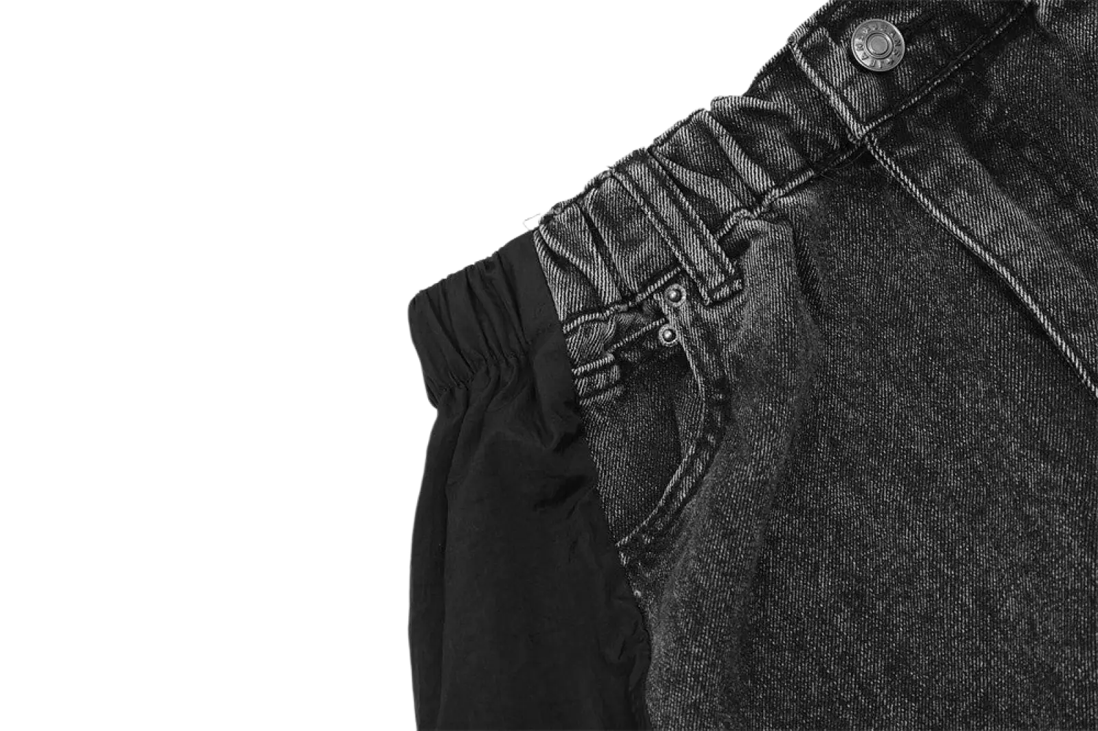 Men’s black denim joggers with elastic waistband and contrasting side fabric panel for casual wear