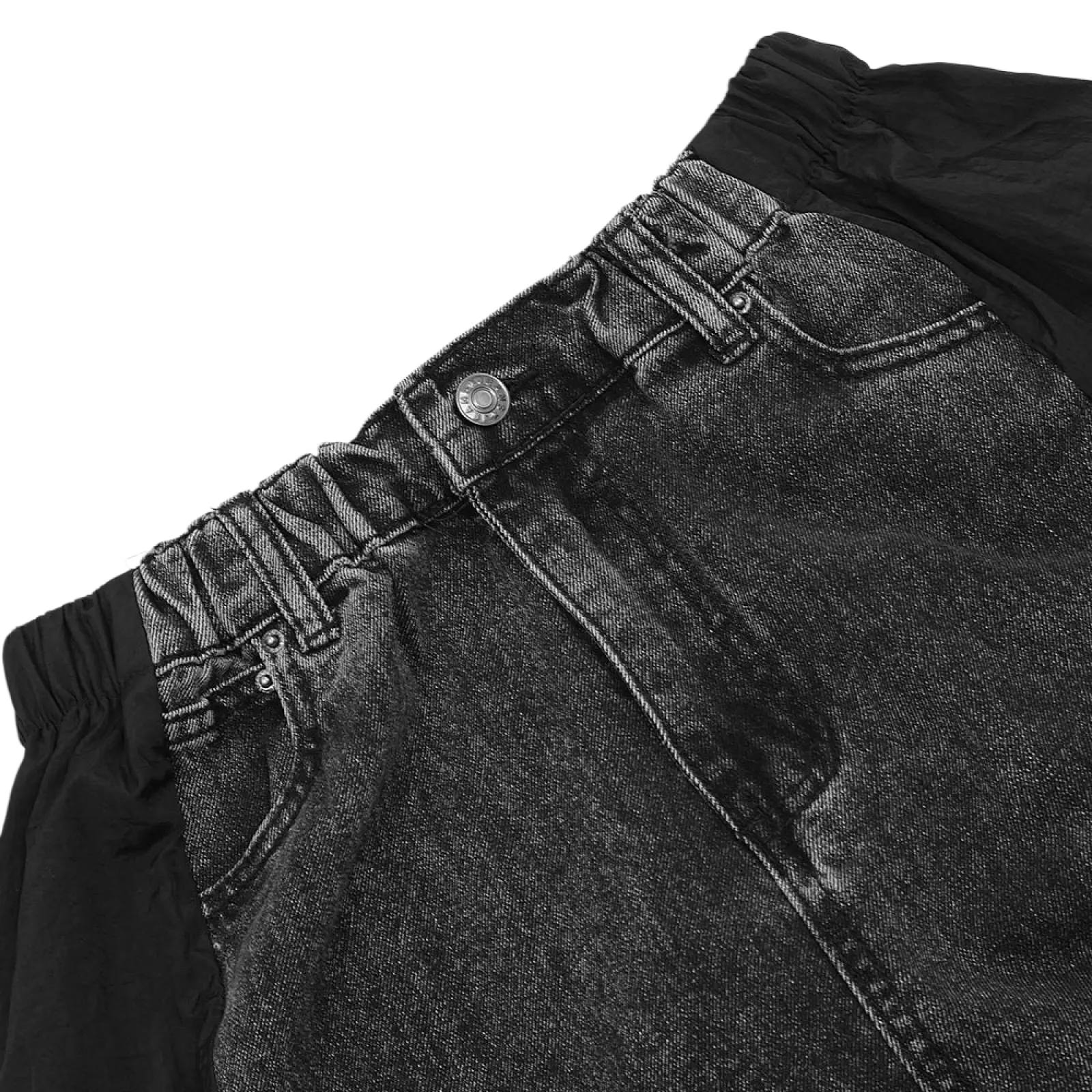 Men’s black denim joggers with elastic waistband and silver button featuring contrast panel design