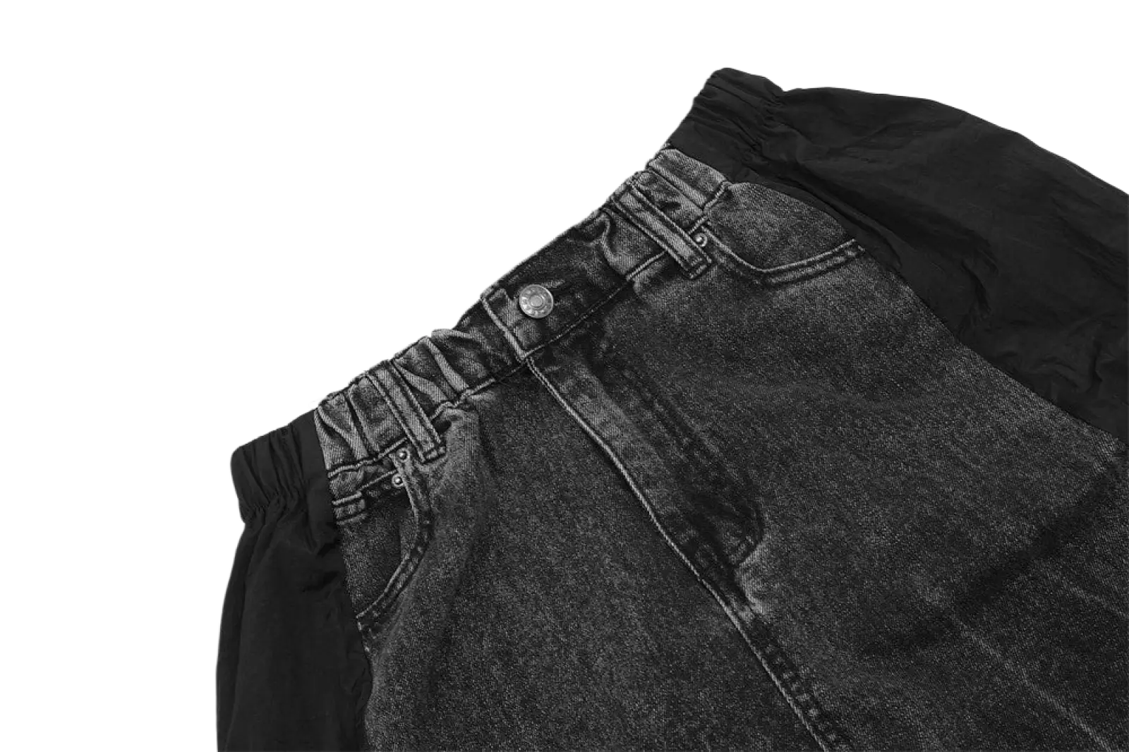 Men’s dark-wash denim joggers with elastic waistband and black contrast fabric panel on the side